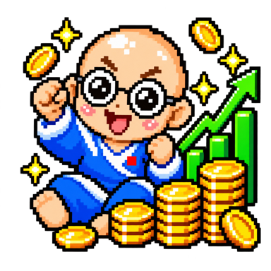 金貨と上昇チャートの前で喜ぶ眼鏡姿の岐阜暴威を描いたピクセルアート