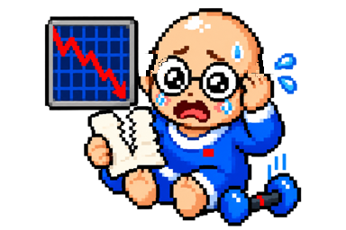 急落チャートと破れた取引票を前に落胆する眼鏡姿の岐阜暴威を描いたピクセルアート