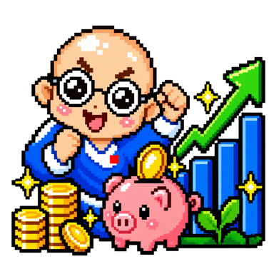 貯金箱と上昇グラフの前で積立を決意する眼鏡姿の岐阜暴威を描いたピクセルアート