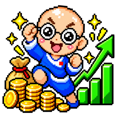 金貨と上昇チャートの前で歓喜する眼鏡姿の岐阜暴威を描いたピクセルアート